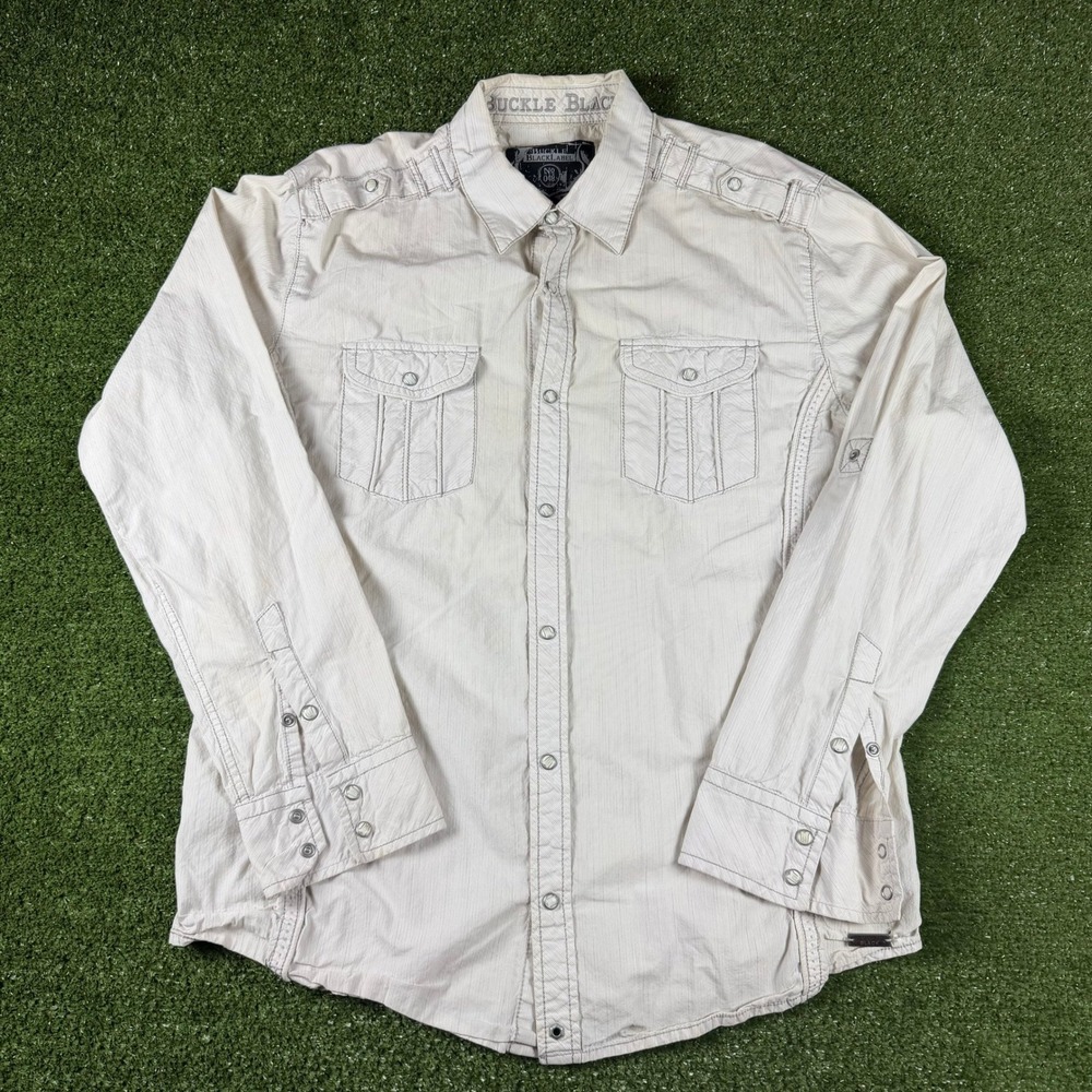 Buckle Black Label No 048 Mens Slim Fit Snap Button Down Shirt Cream Pinstripe L